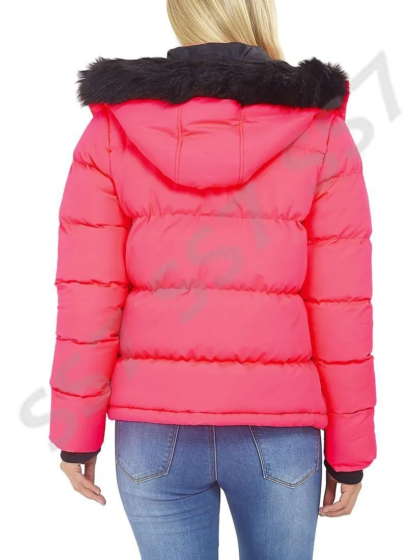 Womens Puffer Jacket with Faux Fur Trim, Sizes 8 to 16