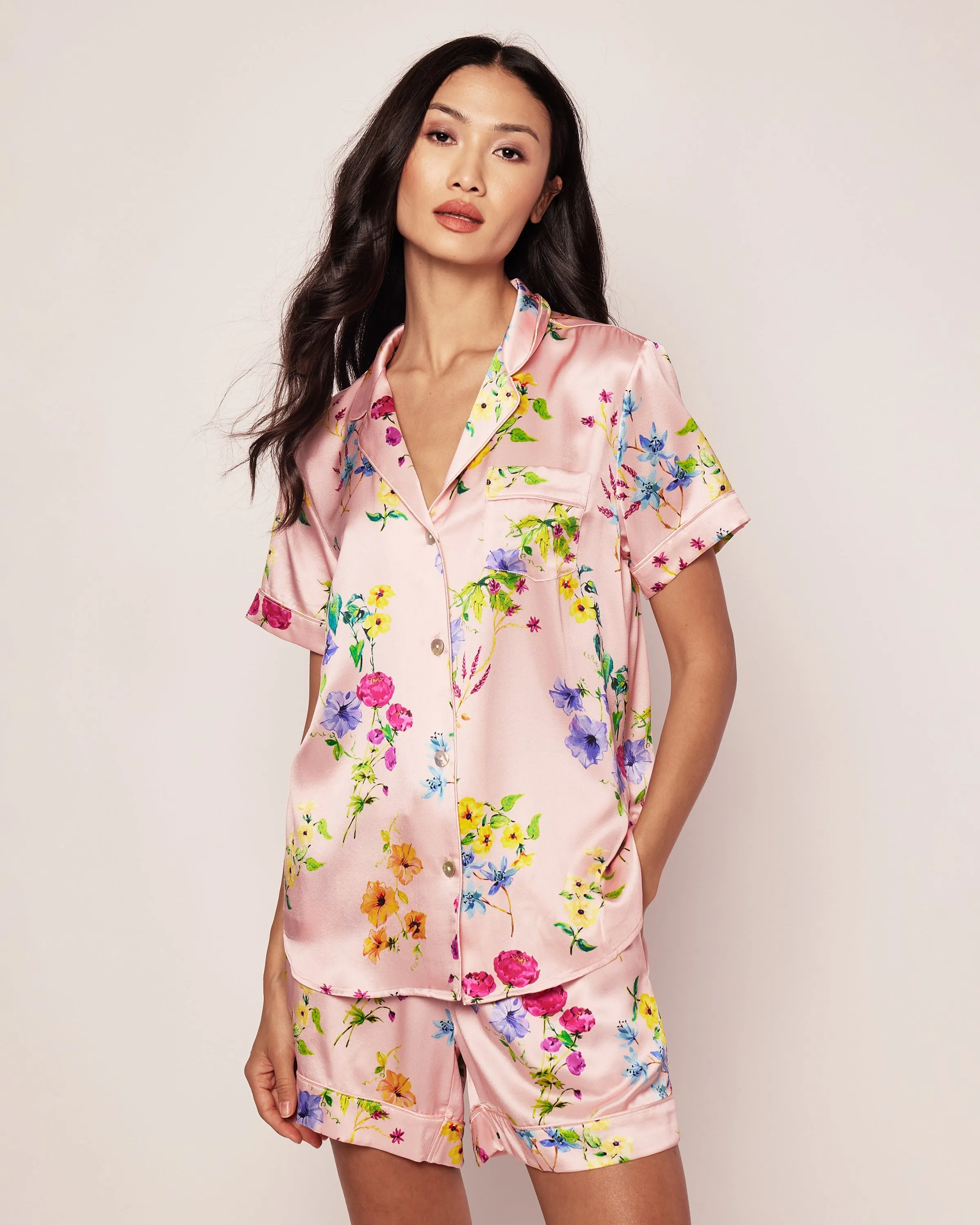 Women's Silk Pajama Short Set in Blush Brilliant Botanical