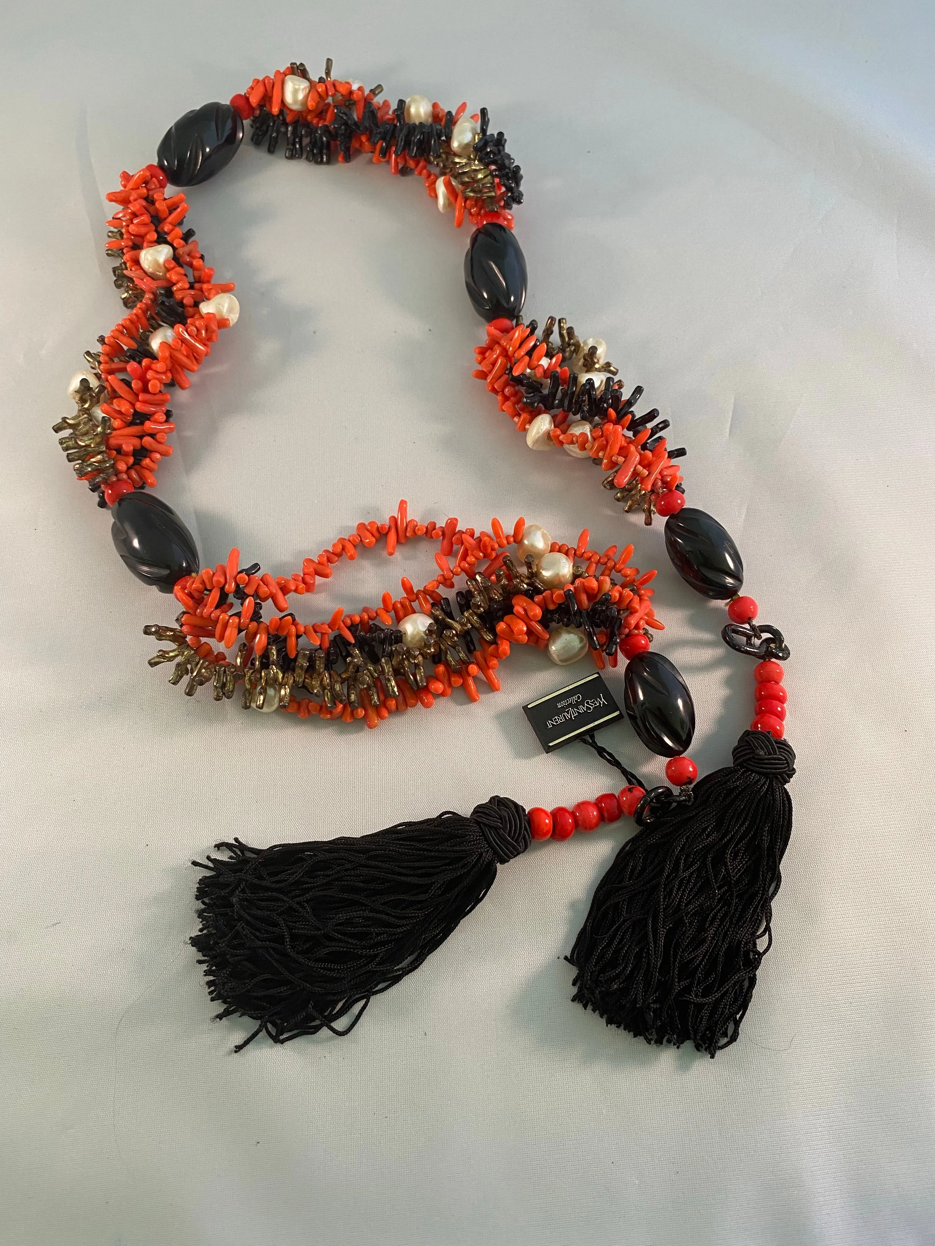 Yves Saint Laurent Paris Faux Coral and Jet Black Tassel Necklace