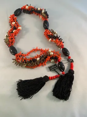 Yves Saint Laurent Paris Faux Coral and Jet Black Tassel Necklace