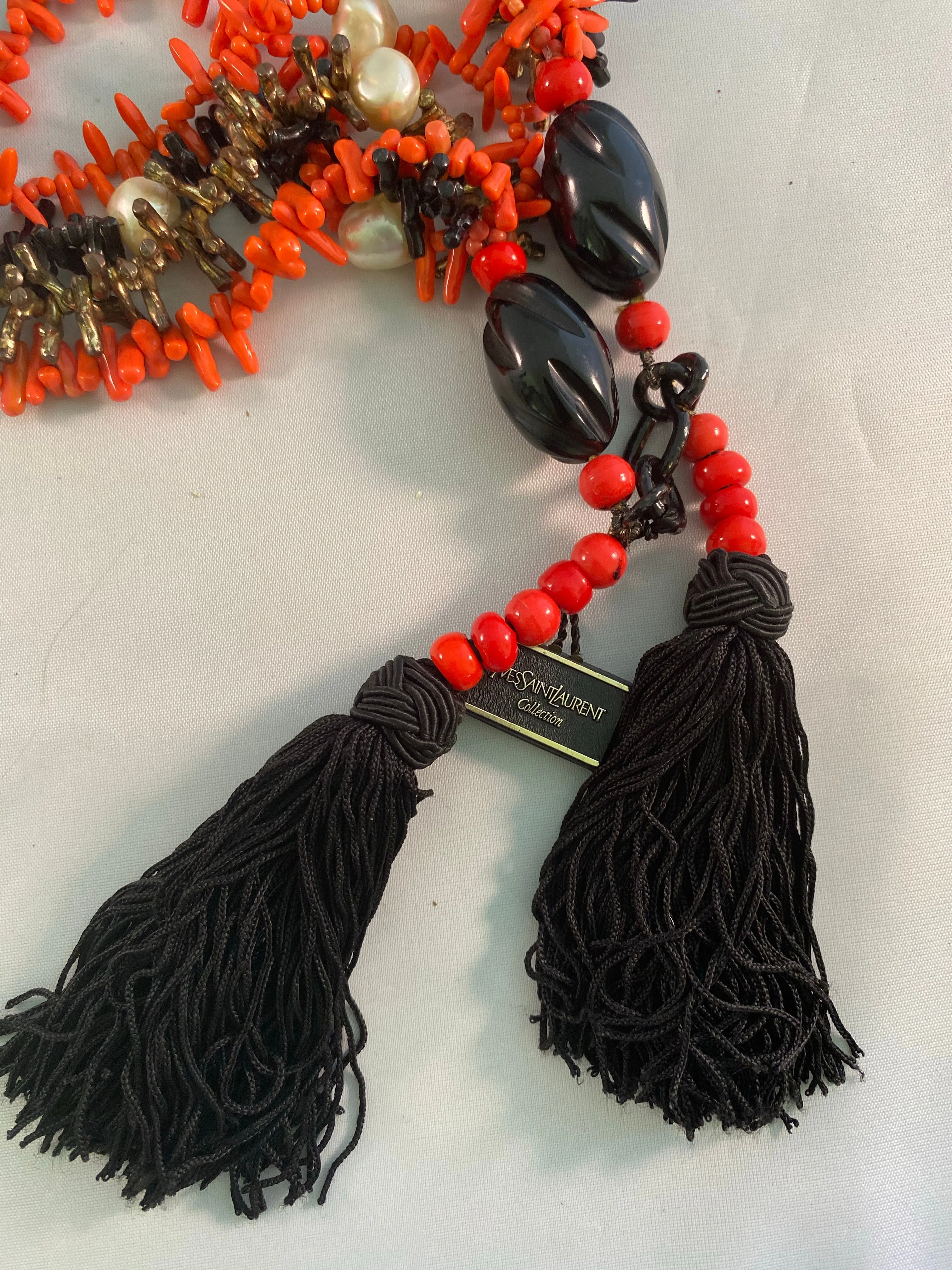 Yves Saint Laurent Paris Faux Coral and Jet Black Tassel Necklace