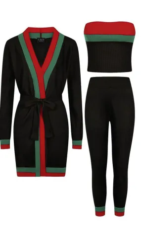 Zara Black Red and Green Striped Fine Knit 3 Piece Lounge Co-ord Set